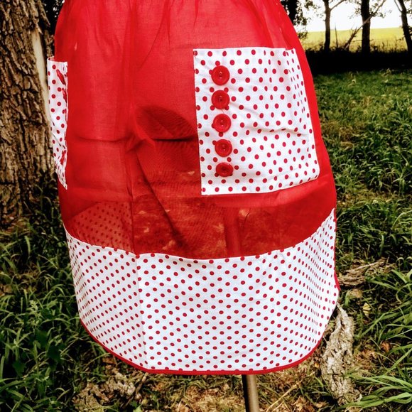 Vintage Half Apron Organdy Red Polka Dot - Picture 8 of 9